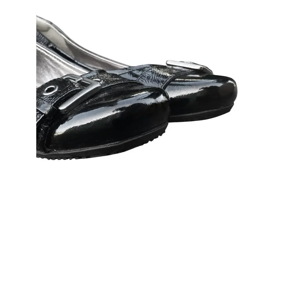 ECCO Black Patent Leather Buckle Ballet Flats Silver Hardware Low Wedge Y2K EUC